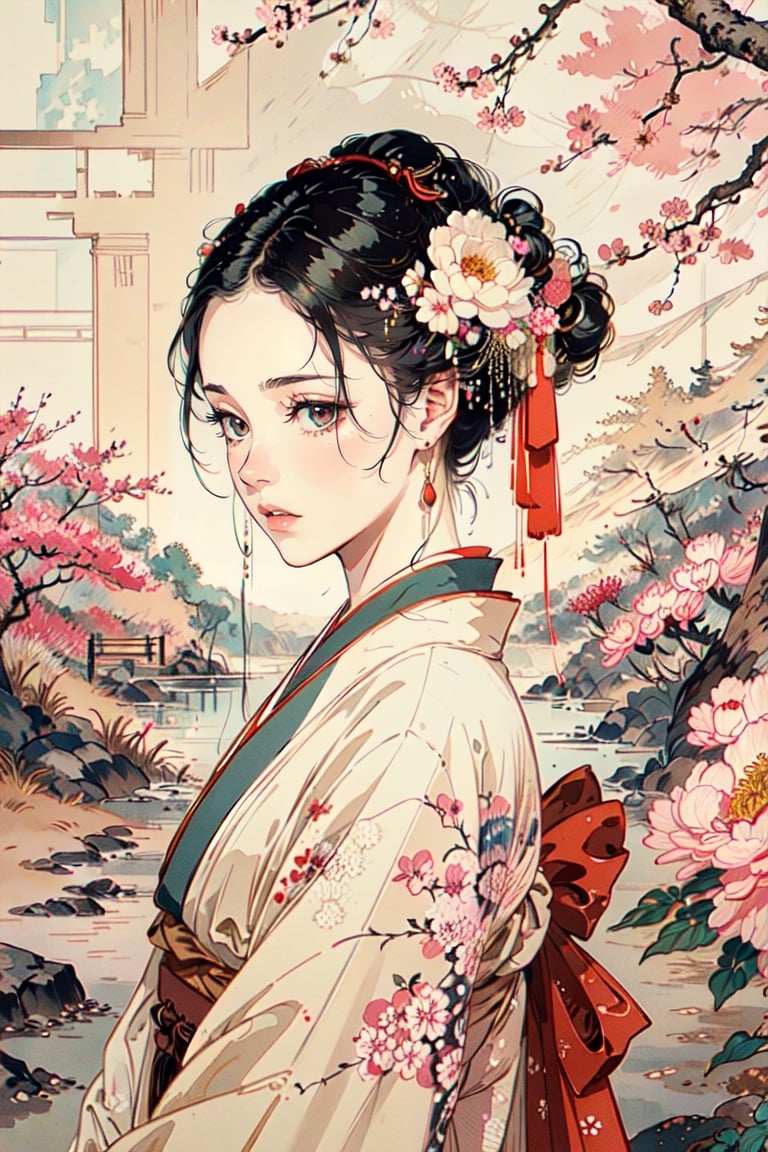 A girl, wearing kimono, Japanese traditional garden, a sakura tree, flowers, day, (Cinematic lighting, ethereal light, intricate details, extremely detailed, incredible details, full colored), complex details, hyper maximalist, gorgeous light and shadow, detailed decoration, detailed lines. masterpiece, best quality, HDR, UHD, unreal engine. looking at the camera, fair skin, beautiful face,A Traditional Japanese Art,