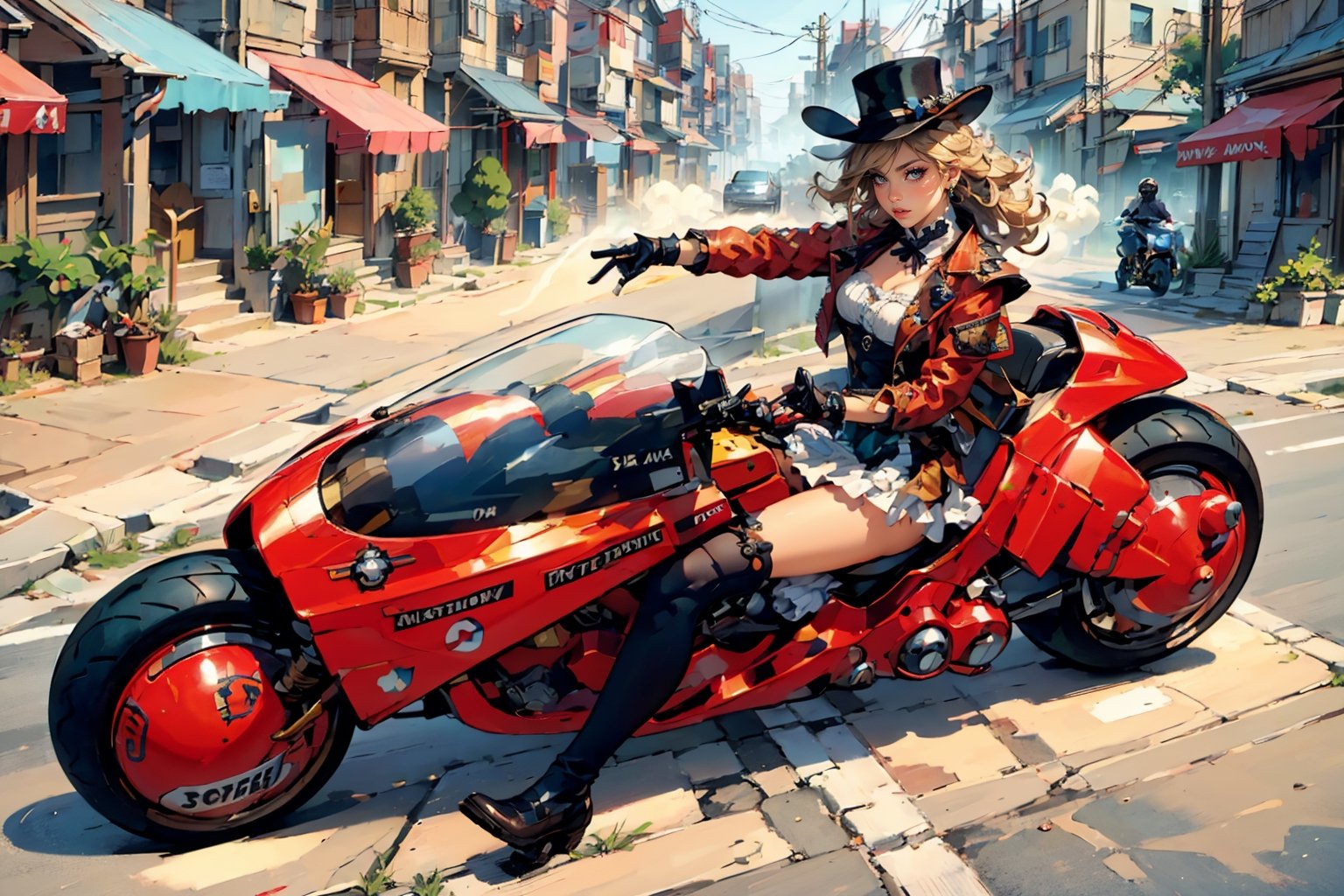 Amidst the industrial backdrop of a bustling city, a steampunk lady rides a (motorcycle) through the steam-filled (Victorian streets:1.4), a symbol of innovation and resilience in a world powered by steam and ingenuity. She rides confidently, adorned in intricate gears, brass goggles, and a corseted jacket. Corseted black bodice and lace-trimmed bustle skirt. leather gloves, top hat, steampunk vehicle, ancient city, (masterpiece, top quality, best quality, official art, beautiful and aesthetic:1.2), (1girl:1.4), blonde hair, extreme detailed, highest detailed, highres, natural volumetric lighting and best shadows, highly detailed face, highly detailed facial features,  ((1 girl on motorcycle )), Detailedface,[prefect detail (Brown Metallic Color steampunk style Motorcycle)],sprbk,krsbk,Camila Noceda