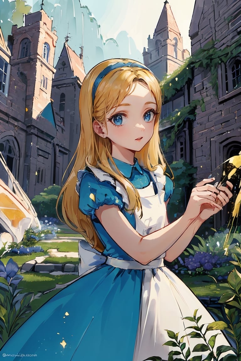 (1 girl:1.2), blue dress, white apron, black hairband, garden tea party, pastel colors, light particles, lighting, (highly detailed:1.2),(detailed face:1.2), (gradients), (detailed landscape, vegetation, bricks, carpet, buildings:1.2), (detailed background), detailed landscape, (dynamic pose:1.2), (rule of third_composition:1.3), (Line of action:1.2), daylight,AliceWonderlandWaifu,