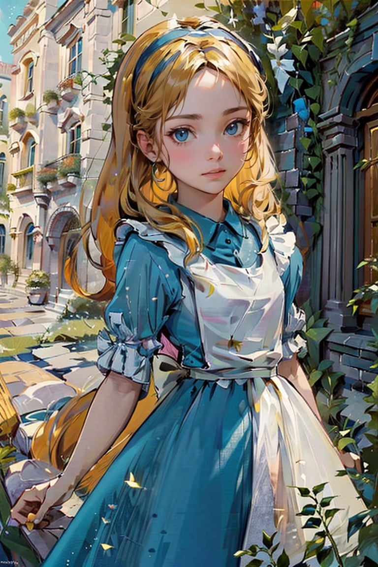 (1 girl:1.2), blue dress, white apron, black hairband, garden tea party, pastel colors, light particles, lighting, (highly detailed:1.2),(detailed face:1.2), (gradients), (detailed landscape, vegetation, bricks, carpet, buildings:1.2), (detailed background), detailed landscape, (dynamic pose:1.2), (rule of third_composition:1.3), (Line of action:1.2), daylight,AliceWonderlandWaifu