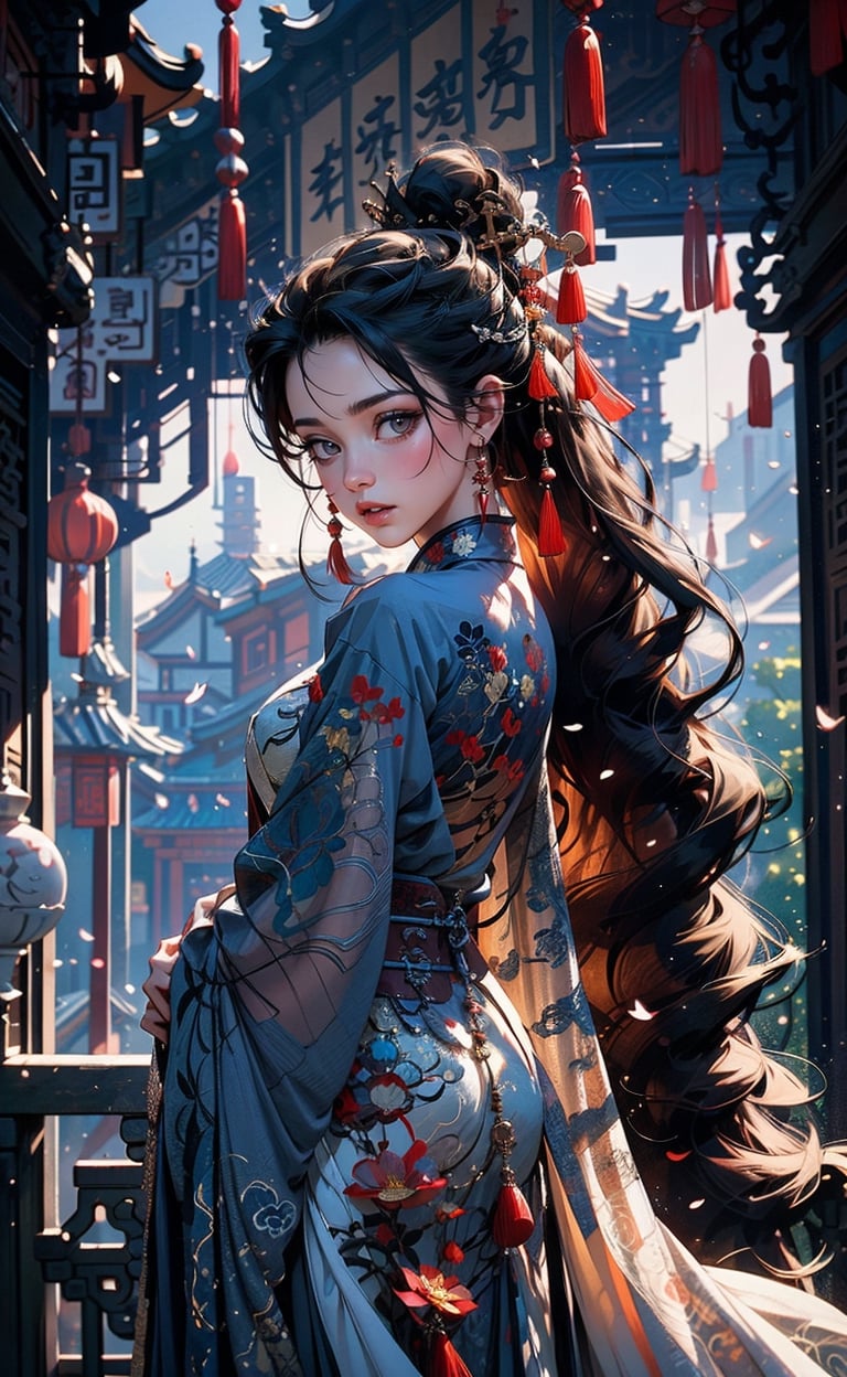 a girl, blossoms. mist and fog, smokey swirls, myhanfu,Chinese style