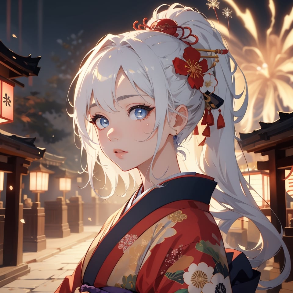 kimono girl, red kimono, floral print, masterpiece, abstract background, Japanese festival background, colorful fireworks, (Cinematic lighting, ethereal light, intricate details, extremely detailed, incredible details, full colored), complex details, hyper maximalist, gorgeous light and shadow, detailed decoration, detailed lines. masterpiece, best quality, HDR, UHD, unreal engine. looking at the camera, fair skin, beautiful face, (beautiful eyes:1.5), perfect eyes, detailed eyes, beautiful nose, dim tones,perfect light