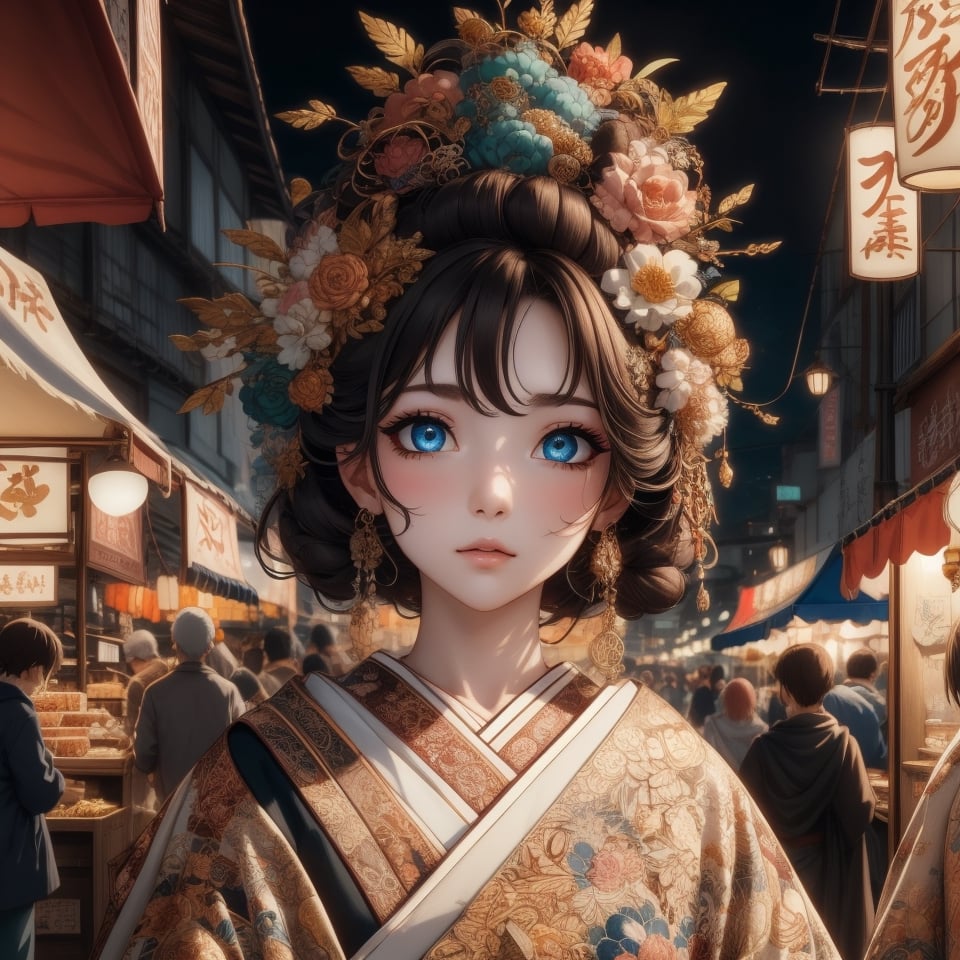 Ghibli anime style, "Spirited Away" style. A girl in a dark night market, with illuminated by warm lights. The whole atmosphere seems mysterious. (Cinematic lighting, ethereal light, intricate details, extremely detailed, incredible details, full colored), complex details, hyper maximalist, gorgeous light and shadow, detailed decoration, detailed lines. masterpiece, best quality, HDR, UHD, unreal engine. looking at the camera, fair skin, beautiful face, (beautiful eyes:1.5), perfect eyes, detailed eyes, beautiful nose, 