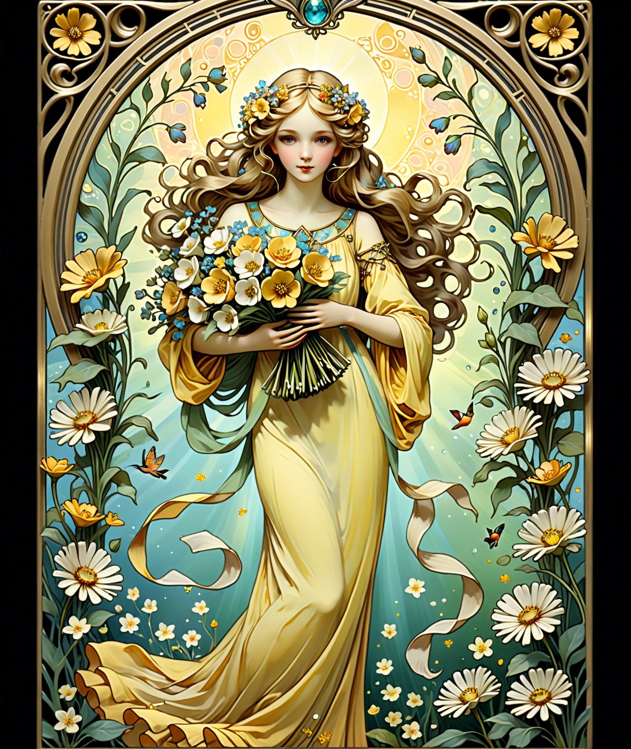 || Tarot card with art deco frame, an oil painting, (featuring the goddess of goddess of flowers, Chloris, in the garden, embodying the essence of natural beauty and floral abundance. She is depicted as a radiant maiden adorned in a diaphanous yellow gown woven from delicate petals and leaves, with blossoms entwined in her flowing hair. Her complexion glows with a soft, ethereal light, mirroring the gentle hues of the flowers she represents. In her hands, she holds a wreath of vibrant blooms, her fingers delicately weaving the fragrant blossoms into intricate patterns. Around her, the air is filled with the sweet scent of blossoms and the melodious songs of birds, evoking a sense of enchantment and tranquility in her presence, 1girl, solo) || best quality, stunning illustration, mysterious and detailed image, (in the style of Alfons Maria Mucha), (Art Nouveau), ultra highly detailed, mystical, luminism, flowers, complex background, (tarot card:1.4), (masterpiece, top quality, best quality, official art, beautiful and aesthetic:1.2), (fractal art:1.3), (colorful:1.5), highest detailed, (aristocracy:1.2), more detail XL, SFW, (Art Nouveau style), le style Mucha 