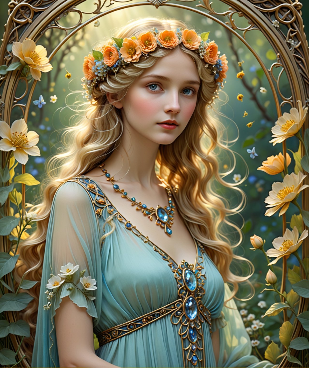 || Tarot card with art deco frame, an oil painting, (featuring the goddess of goddess of flowers, Chloris, in the garden, embodying the essence of natural beauty and floral abundance. She is depicted as a radiant maiden adorned in a diaphanous yellow gown woven from delicate petals and leaves, with blossoms entwined in her flowing hair. Her complexion glows with a soft, ethereal light, mirroring the gentle hues of the flowers she represents. In her hands, she holds a wreath of vibrant blooms, her fingers delicately weaving the fragrant blossoms into intricate patterns. Around her, the air is filled with the sweet scent of blossoms and the melodious songs of birds, evoking a sense of enchantment and tranquility in her presence, 1girl, solo) || best quality, stunning illustration, mysterious and detailed image, (in the style of Alfons Maria Mucha), (Art Nouveau), ultra highly detailed, mystical, luminism, flowers, complex background, (tarot card:1.4), (masterpiece, top quality, best quality, official art, beautiful and aesthetic:1.2), (fractal art:1.3), (colorful:1.5), highest detailed, (aristocracy:1.2), Blue sky in the background, portrait, sparkling beautiful eyes, blue eyes, blonde hair, flowers, elaborate scene style, glitter, orange, realistic style, 8k,exposure blend, medium shot, bokeh, (hdr:1.4), high contrast, (cinematic, dark orange and white film), (muted colors, dim colors, soothing tones:1.3), low saturation, (hyperdetailed:1.2), perfect hands, perfect fingers, photorealistic, cinematic and dramatic back lighting. more detail XL, SFW, (Art Nouveau style), le style Mucha 