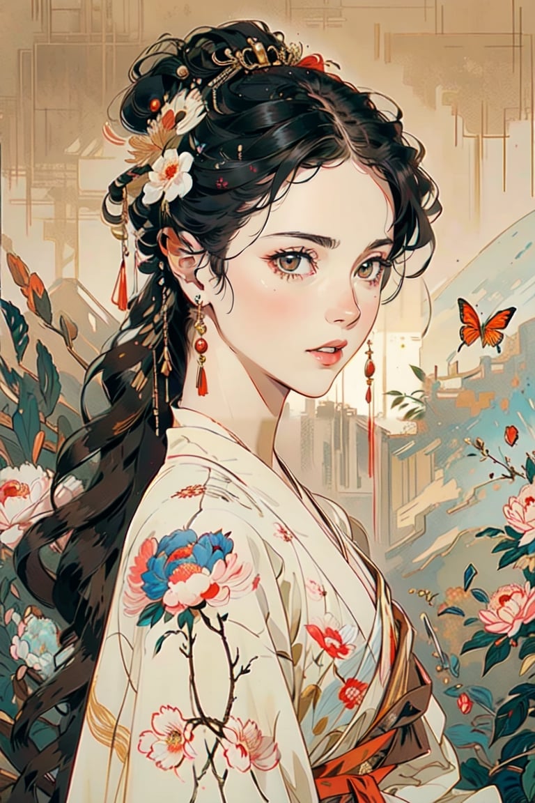  A girl, wearing hanfu, peony garden, butterfly, (negative space:1.4), gold and white and red hue, plain background, white background, (Cinematic lighting, ethereal light, intricate details, extremely detailed, incredible details, full colored), complex details, hyper maximalist, gorgeous light and shadow, detailed decoration, detailed lines. masterpiece, best quality, HDR, UHD, unreal engine. looking at the camera, fair skin, beautiful face,