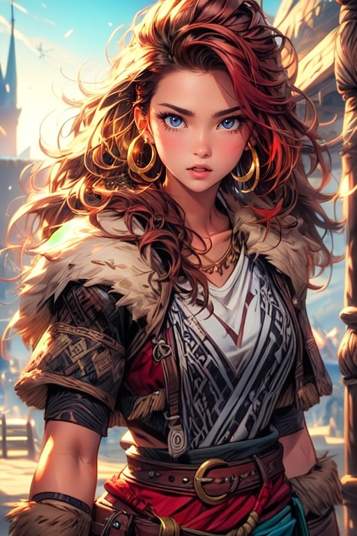 A dashing female warrior, adorned in rugged yet stylish attire, with a confident smirk and fierce gaze that command respect, medieval fantasy. Swashbuckling, brave, wise and beautiful, jewelry, standing, collarbone, white shirt, weapon, earrings, belt, pants, necklace, blurry, lips, gun, blurry background, hoop earrings, realistic, brown belt. (Cinematic lighting, ethereal light, intricate details, extremely detailed, incredible details, full colored), complex details, hyper maximalist, gorgeous light and shadow, detailed decoration, detailed lines. masterpiece, best quality, HDR, UHD, unreal engine. looking at the camera, fair skin, beautiful face, beautiful eyes, perfect eyes, detailed eyes, beautiful nose,sexypirate,viking,Camila Noceda