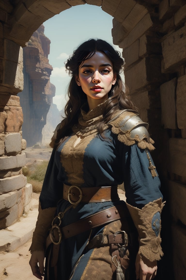 A dashing medieval female warrior, adorned in rugged yet stylish attire, with a confident smirk and fierce gaze that command respect, medieval fantasy. Swashbuckling, brave, wise and beautiful, jewelry, standing, landscape, (Cinematic lighting, ethereal light, intricate details, extremely detailed, incredible details, full colored), complex details, hyper maximalist, gorgeous light and shadow, detailed decoration, detailed lines. masterpiece, best quality, HDR, UHD, unreal engine. looking at the camera, fair skin, beautiful face, beautiful eyes, perfect eyes, detailed eyes, beautiful nose,oil painting,classic painting,mj,FFIXBG