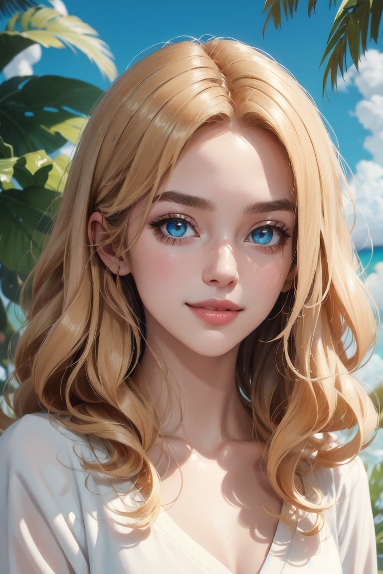 best quality, masterpiece, detailed, 16k, beautiful detailed face, beautiful detailed eyes, 8k, femalesolo, prefect body, prefect face, A tropical girl, long blonde curly hair, white tropical outfit, casual outfit, outdoor, blue sky, beautiful fantasy tropics, sweet smile, ,Detailedface