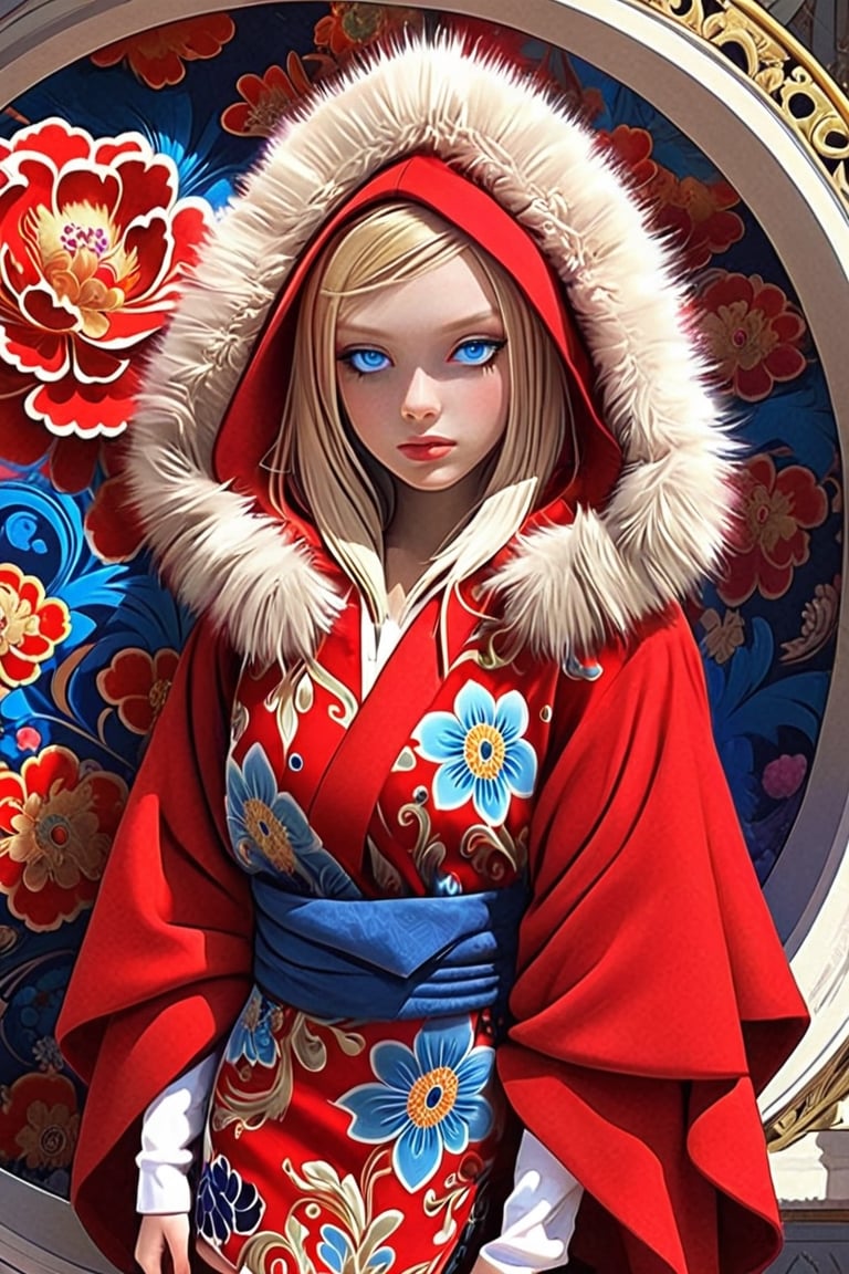 1 seductive, mature woman with blonde hair, and blue eyes, with detailed ornate fur hooded kimono, red hooded kimono, miniskirt, fantasypunk. She is noble and elegant, just like a blooming peony.(masterpiece, top quality, best quality, official art, beautiful and aesthetic:1.2), (1girl:1.4), portrait, extreme detailed, (fractal art:1.12), (colorful:1.1), highest detailed, (aristocracy:1.1),scenery, full_body ,Flat vector art, Cyberpunk Fantasy