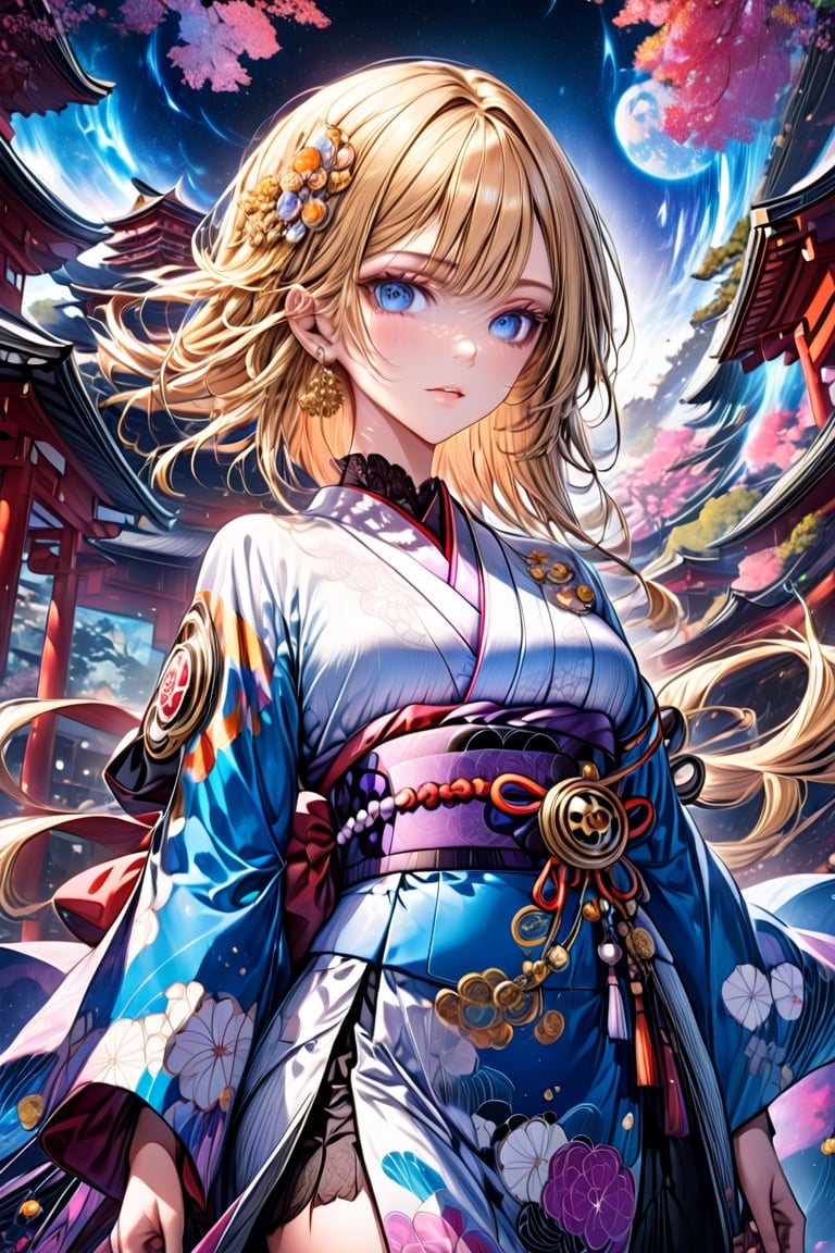 1 seductive, mature woman with blonde hair, and blue eyes, with detailed ornate kimono, miniskirt, fantasy, Gothic make-up, rebellious.(masterpiece, top quality, best quality, official art, beautiful and aesthetic:1.2), (1girl:1.4), portrait, extreme detailed, (fractal art:1.12), (colorful:1.1), highest detailed, (aristocracy:1.1), Kyoto, outdoor,colorful