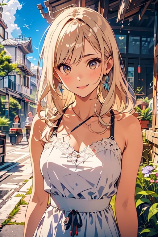 best quality, masterpiece, detailed, 16k, beautiful detailed face, beautiful detailed eyes, 8k, femalesolo, prefect body, prefect face, A tropical girl, long blonde curly hair, flowy white dress, casual outfit, one-piece dress, outdoor, blue sky, beautiful fantasy tropics, sweet smile,1girl yellow eyes earrings,xuer house