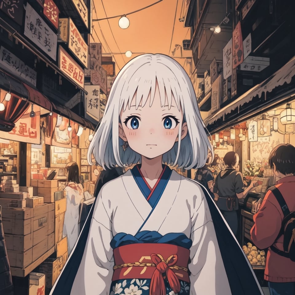 Ghibli anime style, "Spirited Away" style. A girl in a dark night market, with illuminated by warm lights. The whole atmosphere seems mysterious. (Cinematic lighting, ethereal light, intricate details, extremely detailed, incredible details, full colored), complex details, hyper maximalist, gorgeous light and shadow, detailed decoration, detailed lines. masterpiece, best quality, HDR, UHD, unreal engine. looking at the camera, fair skin, beautiful face, (beautiful eyes:1.5), perfect eyes, detailed eyes, beautiful nose, dim tones, Japanese art,A Traditional Japanese Art,Studio Ghibli,StdGBRedmAF