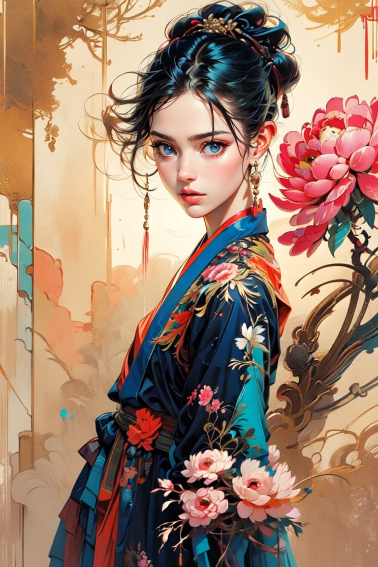 A girl, wearing hanfu, peony garden, butterfly,(standing:1.4), (negative space:1.4), gold and white and red hue, (Cinematic lighting, ethereal light, intricate details, extremely detailed, incredible details, full colored), complex details, hyper maximalist, gorgeous light and shadow, detailed decoration, detailed lines. masterpiece, best quality, HDR, UHD, unreal engine. looking at the camera, fair skin, beautiful face, xuer ai yazawa style girl,gongbi style,Colors
