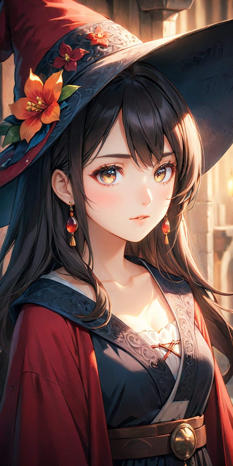 A gorgeous Spanish girl, fashionable red floral witch robe, witch hat, in the medieval village, intricate details, by (Anna Dittmann). (Cinematic lighting, ethereal light, intricate details, extremely detailed, incredible details, full colored), complex details, hyper maximalist, gorgeous light and shadow, detailed decoration, detailed lines. masterpiece, best quality, HDR, UHD, unreal engine. looking at the camera, fair skin, beautiful face, beautiful eyes, perfect eyes, detailed eyes, beautiful nose, super wide angle, high angle, high color contrast, (colorful:1.5), far away shot,(anime),Movie Still,(anime style),Kyoto animation style,cute,anime