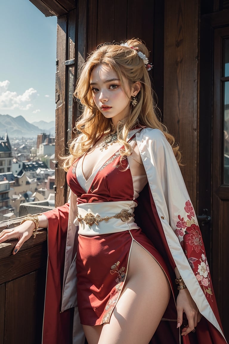 A girl with long blonde hair, wearing a fancy ornate red and white dress that combines a kimono and a fur cape, miniskirt, (scenery). intricate details, extremely detailed, incredible details, full colored, complex details, hyper maximalist, detailed decoration, detailed lines. masterpiece, best quality, HDR, UHD,