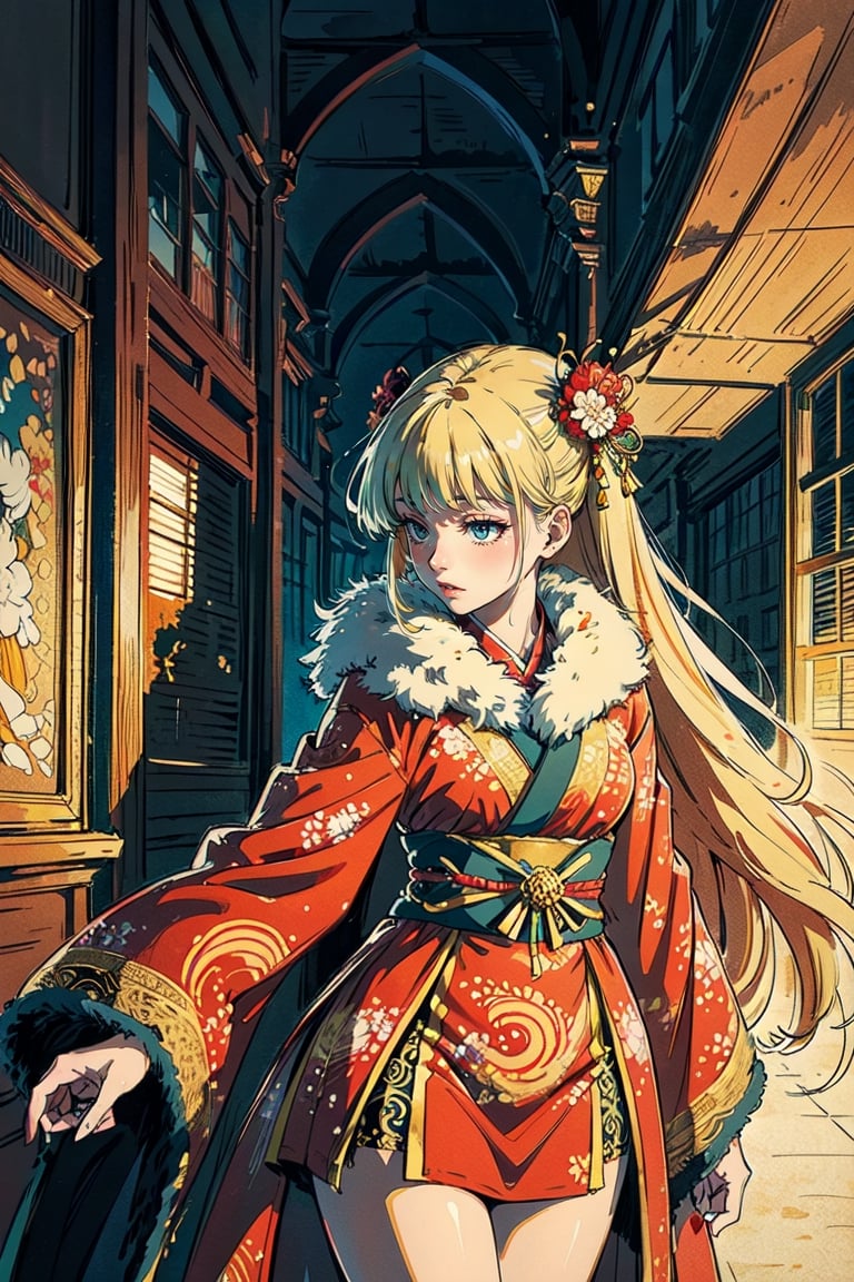 A girl with long blonde hair, wearing a fancy ornate red and white dress that combines a kimono and a fur cape, miniskirt, (scenery). intricate details, extremely detailed, incredible details, full colored, complex details, hyper maximalist, detailed decoration, detailed lines. masterpiece, best quality, HDR, UHD,