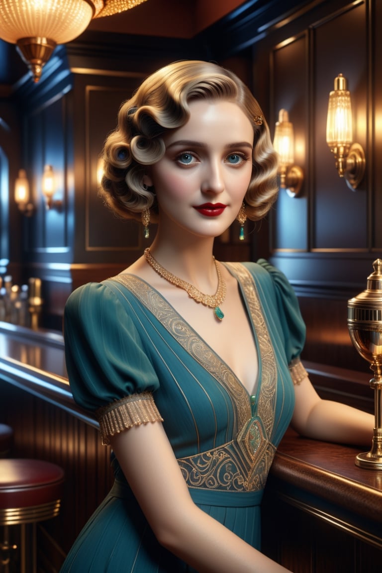 Photo realistic, mute colors, 20s style, dimly lit upscale speakeasy, relaxed pose, gold filigree, art deco, retro vibe, 8k octane beautifully detailed render. cinematic lighting, ethereal light, intricate details, extremely detailed, incredible details, full colored, complex details, hyper maximalist, gorgeous light and shadow, detailed decoration, detailed lines. masterpiece, best quality, HDR, UHD, unreal engine. looking at the camera, fair skin, beautiful face, beautiful eyes, perfect eyes, beautiful nose, leaning against the bar,more saturation 