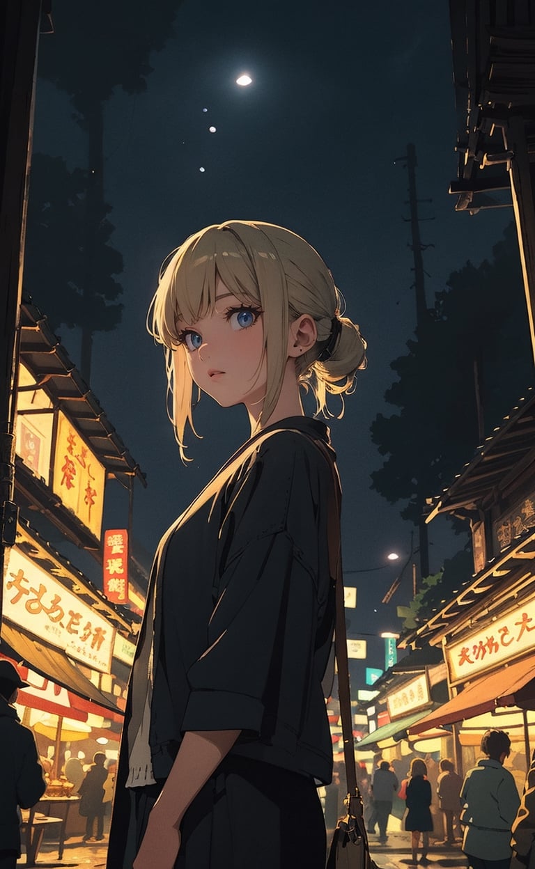 Ghibli anime style, "Spirited Away" style. A girl in a dark night market, with illuminated by warm lights. The whole atmosphere seems mysterious. (Cinematic lighting, ethereal light, intricate details, extremely detailed, incredible details, full colored), complex details, hyper maximalist, gorgeous light and shadow, detailed decoration, detailed lines. masterpiece, best quality, HDR, UHD, unreal engine. looking at the camera, fair skin, beautiful face, 