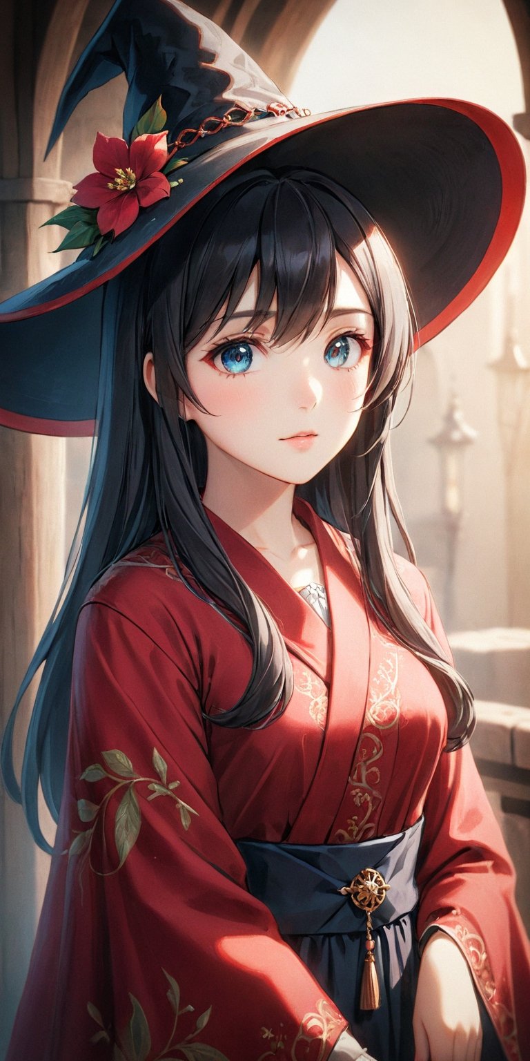 A gorgeous Spanish girl, fashionable red floral witch robe, witch hat, in the medieval village, intricate details, by (Anna Dittmann). (Cinematic lighting, ethereal light, intricate details, extremely detailed, incredible details, full colored), complex details, hyper maximalist, gorgeous light and shadow, detailed decoration, detailed lines. masterpiece, best quality, HDR, UHD, unreal engine. looking at the camera, fair skin, beautiful face, beautiful eyes, perfect eyes, detailed eyes, beautiful nose, super wide angle, high angle, high color contrast, (colorful:1.5), far away shot,(anime),Movie Still,(anime style),Kyoto animation style,cute,anime,ani_booster