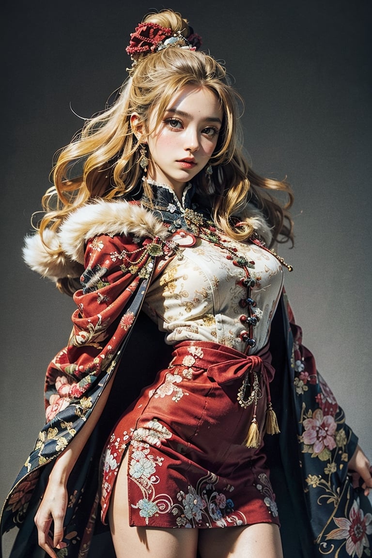 A girl with long blonde hair, wearing a fancy ornate red and white dress that combines a kimono and a fur cape, miniskirt, (scenery). intricate details, extremely detailed, incredible details, full colored, complex details, hyper maximalist, detailed decoration, detailed lines. masterpiece, best quality, HDR, UHD,