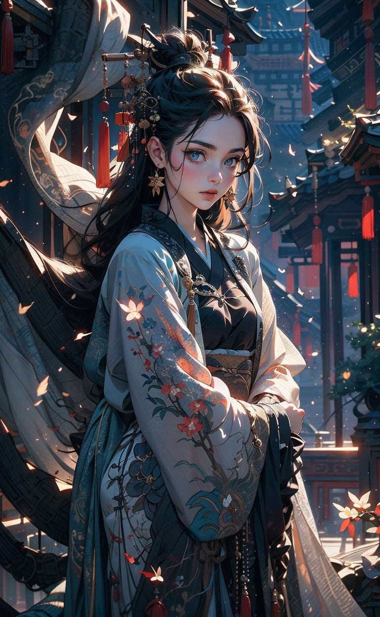 a girl, blossoms. mist and fog, smokey swirls, myhanfu,Chinese style