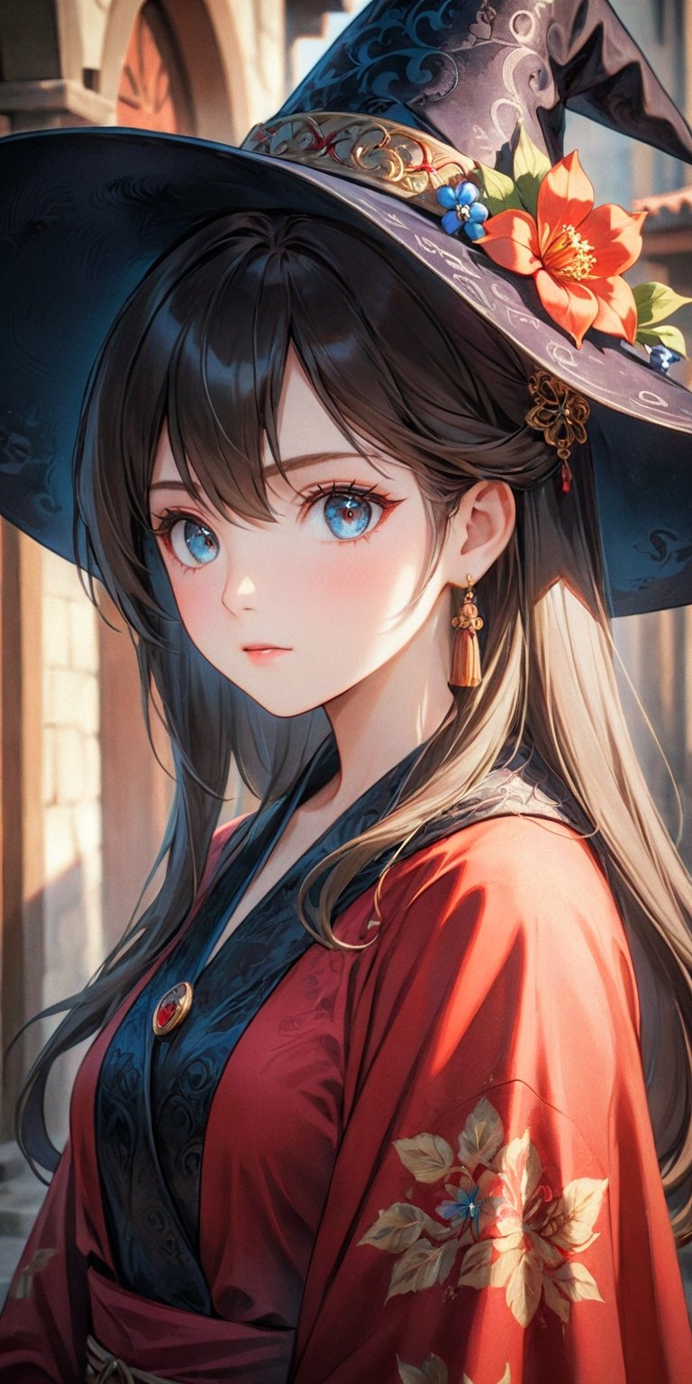 A gorgeous Spanish girl, fashionable red floral witch robe, witch hat, in the medieval village, intricate details, by (Anna Dittmann). (Cinematic lighting, ethereal light, intricate details, extremely detailed, incredible details, full colored), complex details, hyper maximalist, gorgeous light and shadow, detailed decoration, detailed lines. masterpiece, best quality, HDR, UHD, unreal engine. looking at the camera, fair skin, beautiful face, beautiful eyes, perfect eyes, detailed eyes, beautiful nose, super wide angle, high angle, high color contrast, (colorful:1.5), far away shot,(anime),Movie Still,(anime style),Kyoto animation style,cute,anime,ani_booster