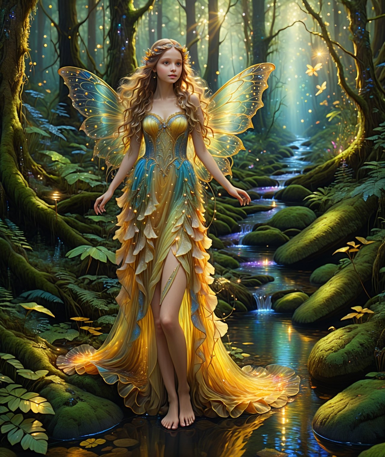 Enchanting forest, bubbling creek, soft glow of sunlight, a delicate winged fairy. Magical, surreal, dreamlike atmosphere, vibrant colors, fantasy painting. Glowing golden particles, magical, surreal, dreamlike atmosphere, vibrant colors, fantasy painting. head to thigh, long hair, (strapless yellowish dress:1), (fairy wings), (translucent, colorful, glittery wings), (realistic:1.2), (realism), (masterpiece:1.2), (best quality), (ultra detailed), (8k, 4k, intricate), (highly detailed:1.2),(detailed face:1.2), 