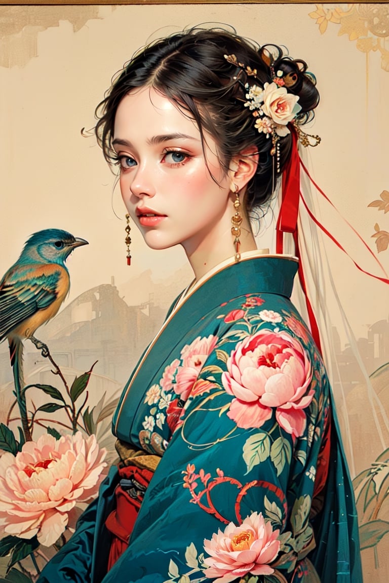 A girl, wearing kimono, peony, flowers, birds, (negative space:1.4), fusion of art nouveau styles with gongbi painting, Mucha style, (Cinematic lighting, ethereal light, intricate details, extremely detailed, incredible details, full colored), complex details, hyper maximalist, gorgeous light and shadow, detailed decoration, detailed lines. masterpiece, best quality, HDR, UHD, unreal engine. looking at the camera, fair skin, beautiful face,