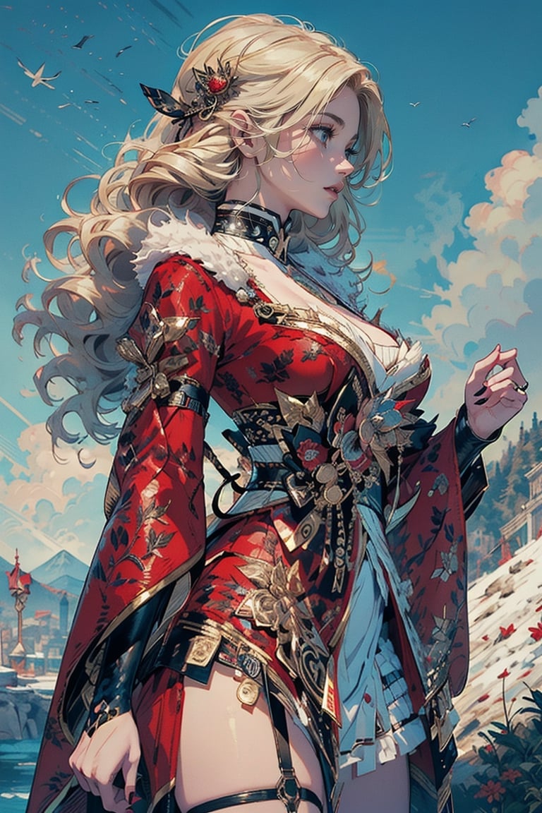 A girl with long blonde hair, wearing a fancy ornate (red and white) dress that combines a kimono and a fur cape, miniskirt, (scenery). intricate details, extremely detailed, incredible details, full colored, complex details, hyper maximalist, detailed decoration, detailed lines. masterpiece, best quality, HDR, UHD,LAassunity