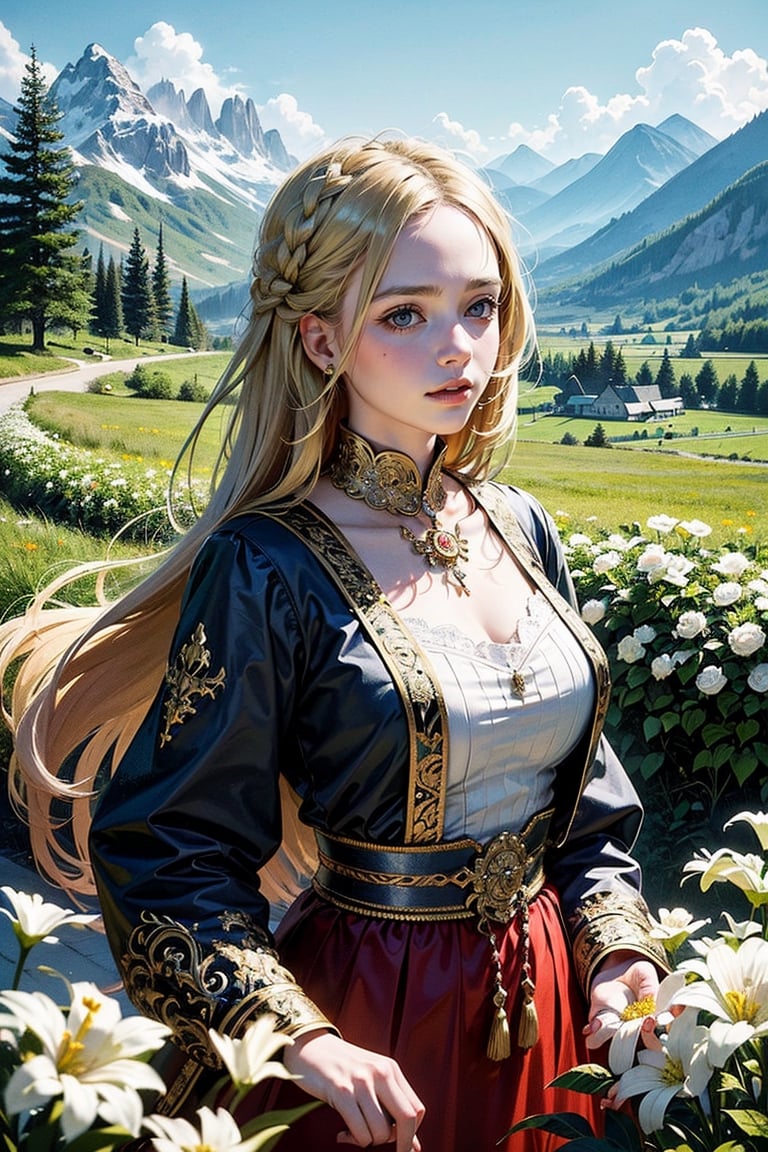 A girl with long blonde hair, wearing a fancy ornate (((folk dress))). fantastical and ethereal scenery, daytime, church in a mountainous landscape, gress, flowers. Intricate details, extremely detailed, incredible details, full colored, complex details, hyper maximalist, detailed decoration, detailed lines. masterpiece, best quality, HDR, 