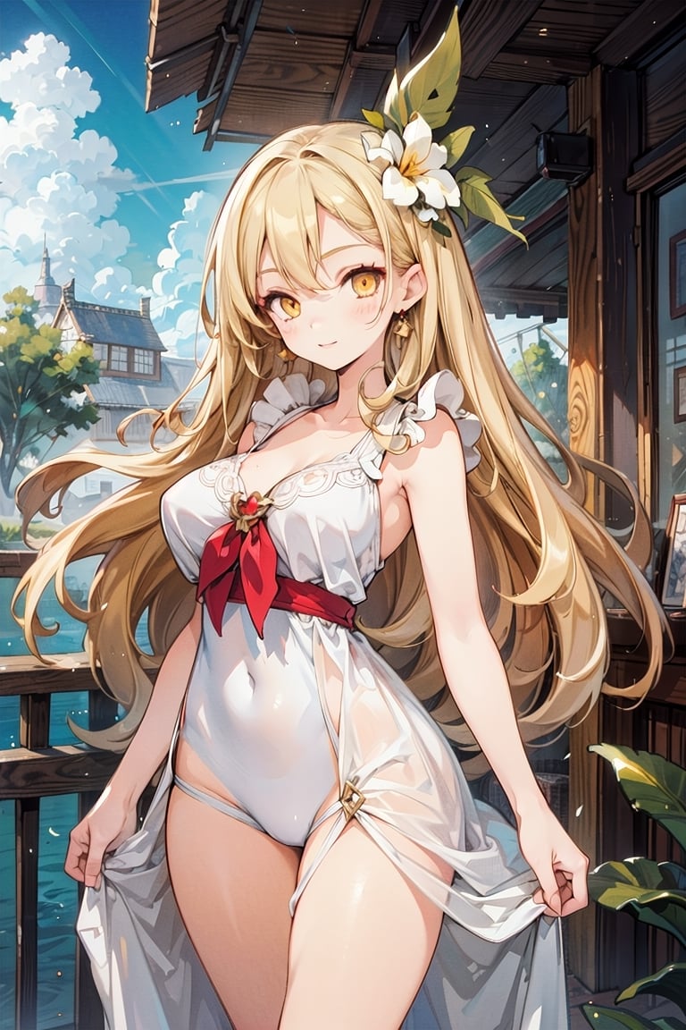 best quality, masterpiece, detailed, 16k, beautiful detailed face, beautiful detailed eyes, 8k, femalesolo, prefect body, prefect face, A tropical girl, long blonde curly hair, flowy white dress, casual outfit, one-piece dress, outdoor, blue sky, beautiful fantasy tropics, sweet smile,1girl yellow eyes earrings,xuer house