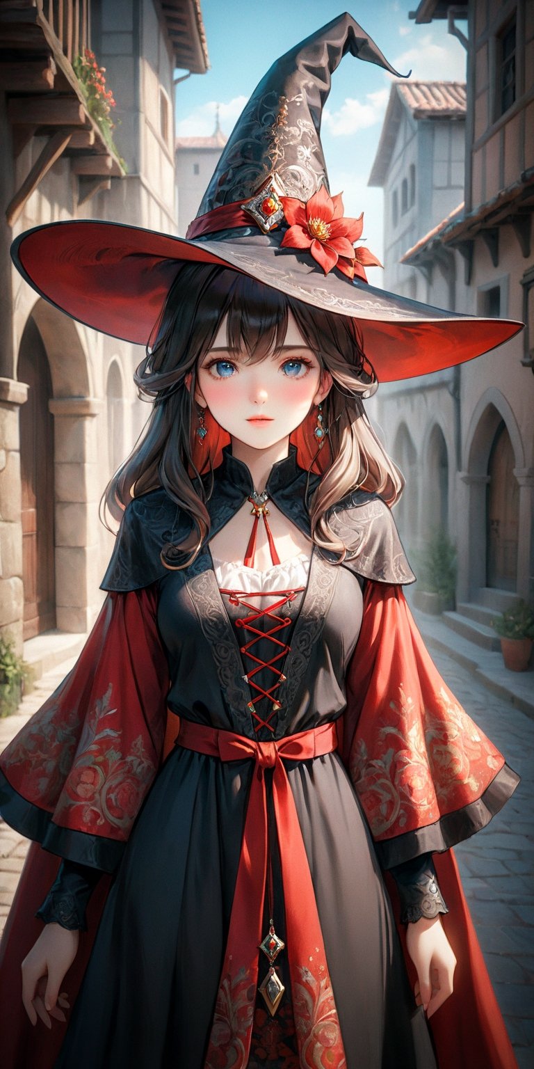 A gorgeous Spanish girl, fashionable red floral witch robe, witch hat, walking  on the medieval village, intricate details, by (Anna Dittmann). (Cinematic lighting, ethereal light, intricate details, extremely detailed, incredible details, full colored), complex details, hyper maximalist, gorgeous light and shadow, detailed decoration, detailed lines. masterpiece, best quality, HDR, UHD, unreal engine. looking at the camera, fair skin, beautiful face, beautiful eyes, perfect eyes, detailed eyes, beautiful nose, super wide angle, high angle, high color contrast, (colorful:1.5), far away shot, 