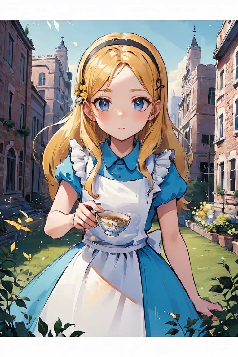 (1 girl:1.2), blue dress, white apron, black hairband, garden tea party, pastel colors, light particles, lighting, (highly detailed:1.2),(detailed face:1.2), (gradients), (detailed landscape, vegetation, bricks, carpet, buildings:1.2), (detailed background), detailed landscape, (dynamic pose:1.2), (rule of third_composition:1.3), (Line of action:1.2), daylight,AliceWonderlandWaifu,