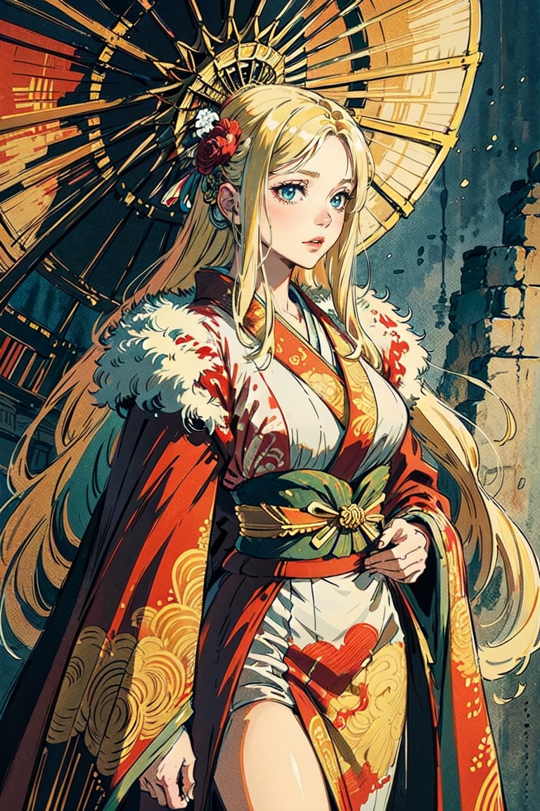 A girl with long blonde hair, wearing a fancy ornate red and white dress that combines a kimono and a fur cape, miniskirt, (scenery). intricate details, extremely detailed, incredible details, full colored, complex details, hyper maximalist, detailed decoration, detailed lines. masterpiece, best quality, HDR, UHD,