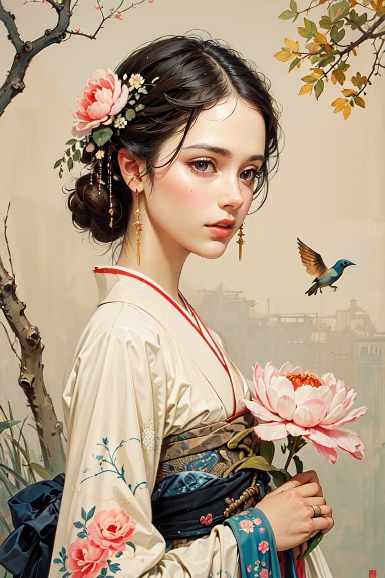 A girl, wearing kimono, peony, flowers, birds, (negative space:1.4), fusion of art nouveau painting styles with gongbi painting, (Cinematic lighting, ethereal light, intricate details, extremely detailed, incredible details, full colored), complex details, hyper maximalist, gorgeous light and shadow, detailed decoration, detailed lines. masterpiece, best quality, HDR, UHD, unreal engine. looking at the camera, fair skin, beautiful face,