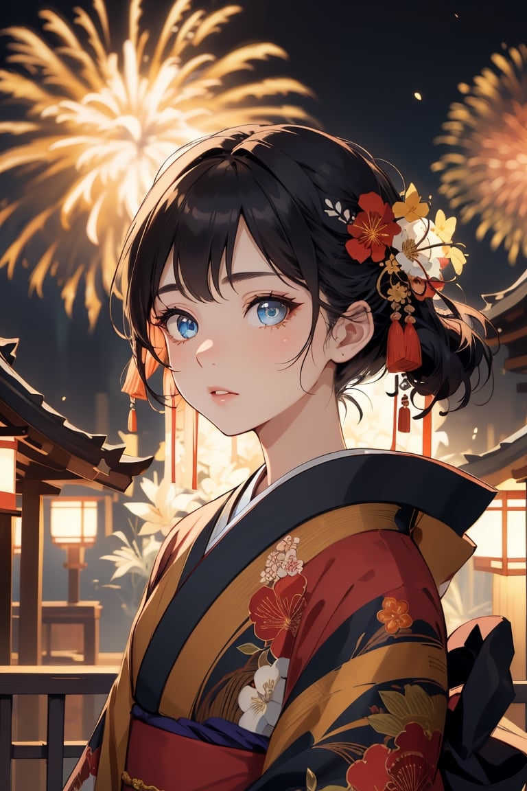 kimono girl, red kimono, floral print, masterpiece, abstract background, Japanese festival background, colorful fireworks, (Cinematic lighting, ethereal light, intricate details, extremely detailed, incredible details, full colored), complex details, hyper maximalist, gorgeous light and shadow, detailed decoration, detailed lines. masterpiece, best quality, HDR, UHD, unreal engine. looking at the camera, fair skin, beautiful face, (beautiful eyes:1.5), perfect eyes, detailed eyes, beautiful nose, dim tones,perfect light