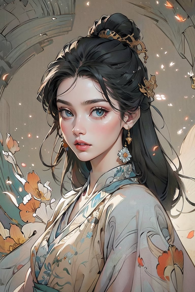  A female warriorl, wearing hanfu, (negative space:1.4), gold and white and red hue, (Cinematic lighting, ethereal light, intricate details, extremely detailed, incredible details, full colored), complex details, hyper maximalist, gorgeous light and shadow, detailed decoration, detailed lines. masterpiece, best quality, HDR, UHD, unreal engine. looking at the camera, fair skin, beautiful face,gongbiv, girl