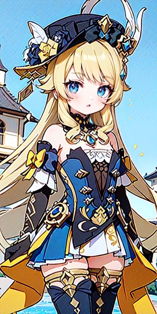 masterpiece, ultra-detailed,solo,  (1girl, curvy, blonde hair, blue eyes, long hair:1.4), (yellow bow, black headwear, black dress, detached sleeves, jewelry:1.3), upper body, color contrast, navia (genshin impact), outdoor,best quality,1girl navia,black headwear hat flower hat feather black thighhighs black gloves boots,