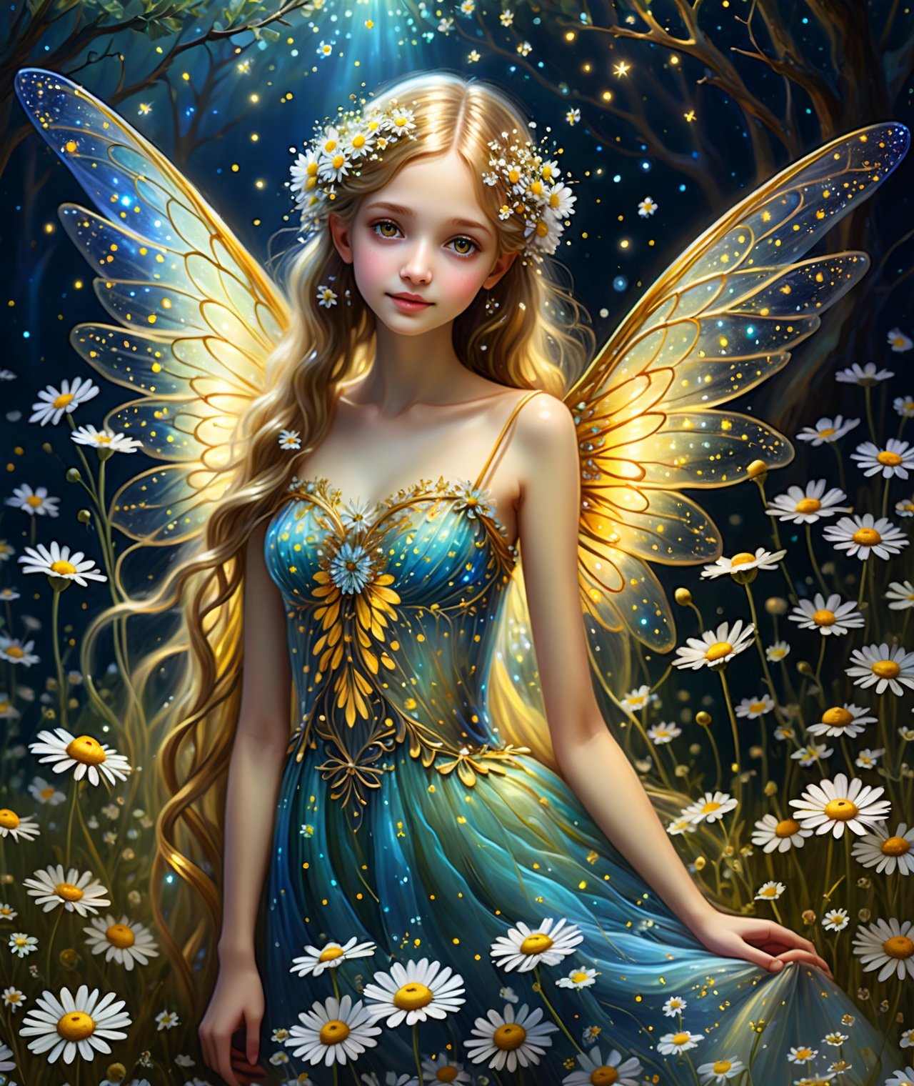 Starry night, a field of chamomile flowers, a delicate winged fairy. Surrounding the fairy are an array of blossoms in full bloom, their sweet fragrance adding to the enchantment of this magical moment. Glowing golden particles, magical, surreal, dreamlike atmosphere, vibrant colors, fantasy painting. head to thigh, long hair, (strapless yellowish dress:1), (fairy wings), (translucent, colorful, glittery wings), (realistic:1.2), (realism), (masterpiece:1.2), (best quality), (ultra detailed), (8k, 4k, intricate), (highly detailed:1.2),(detailed face:1.2), 