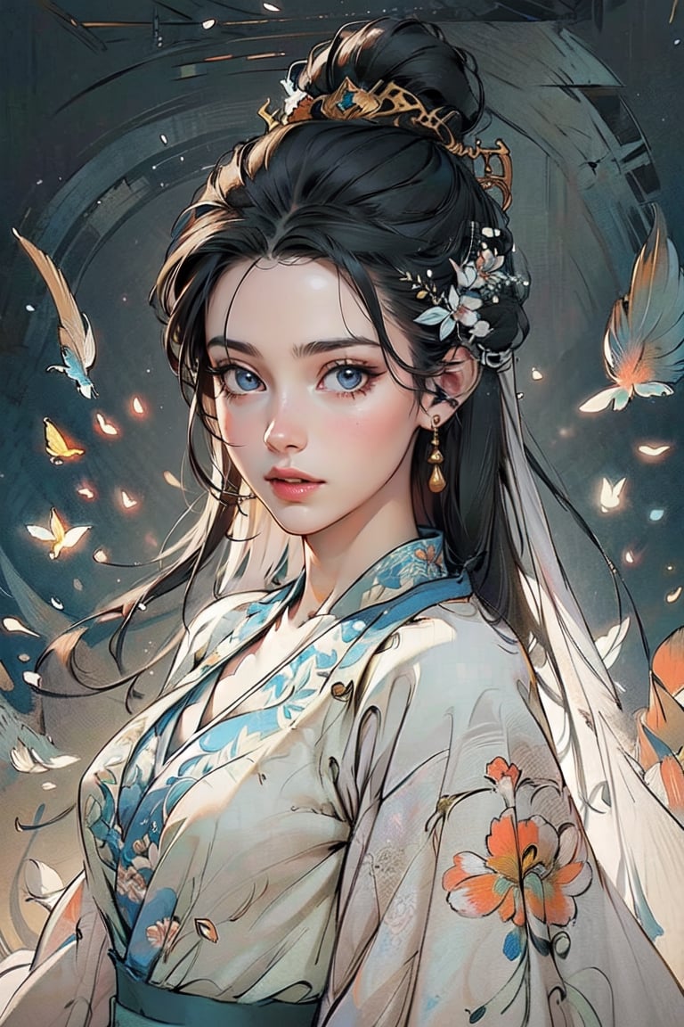  A female warriorl, wearing hanfu, (negative space:1.4), gold and white and red hue, (Cinematic lighting, ethereal light, intricate details, extremely detailed, incredible details, full colored), complex details, hyper maximalist, gorgeous light and shadow, detailed decoration, detailed lines. masterpiece, best quality, HDR, UHD, unreal engine. looking at the camera, fair skin, beautiful face,gongbiv, girl