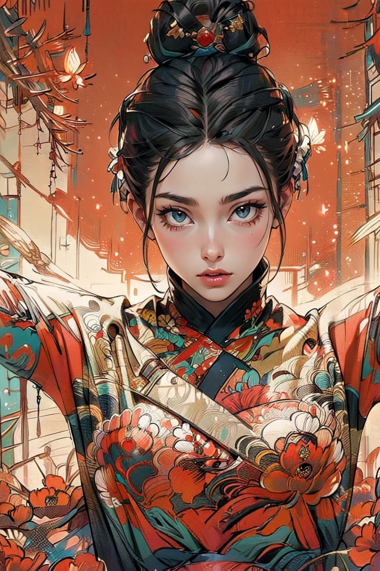 A girl, wearing hanfu, peony garden, butterfly, (negative space:1.4), gold and white and red hue, (Cinematic lighting, ethereal light, intricate details, extremely detailed, incredible details, full colored), complex details, hyper maximalist, gorgeous light and shadow, detailed decoration, detailed lines. masterpiece, best quality, HDR, UHD, unreal engine. looking at the camera, fair skin, beautiful face,gongbiv, girl,Colors,xuer ai yazawa style girl