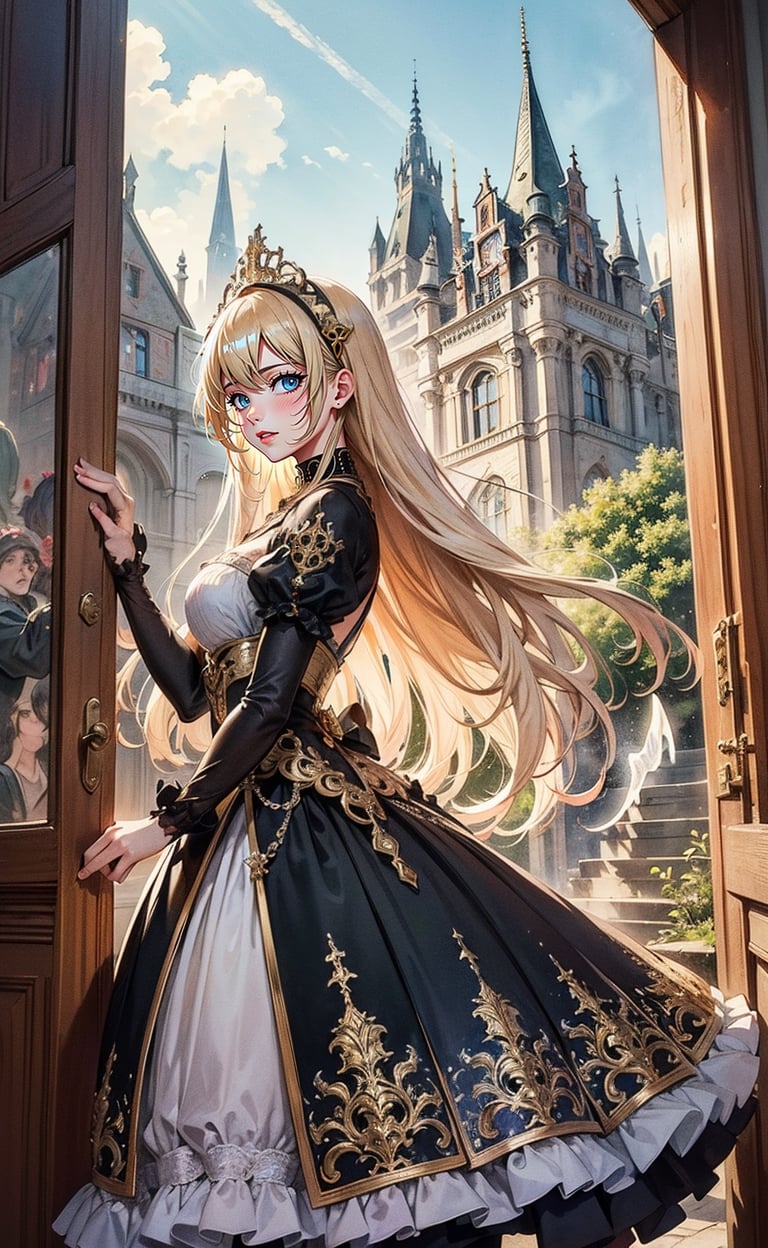 A girl with long blonde hair, wearing a fancy ornate dress. fantastical and ethereal scenery, daytime, Tudor mansion, Intricate details, extremely detailed, incredible details, full colored, complex details, hyper maximalist, detailed decoration, detailed lines. masterpiece, best quality, HDR,watercolor