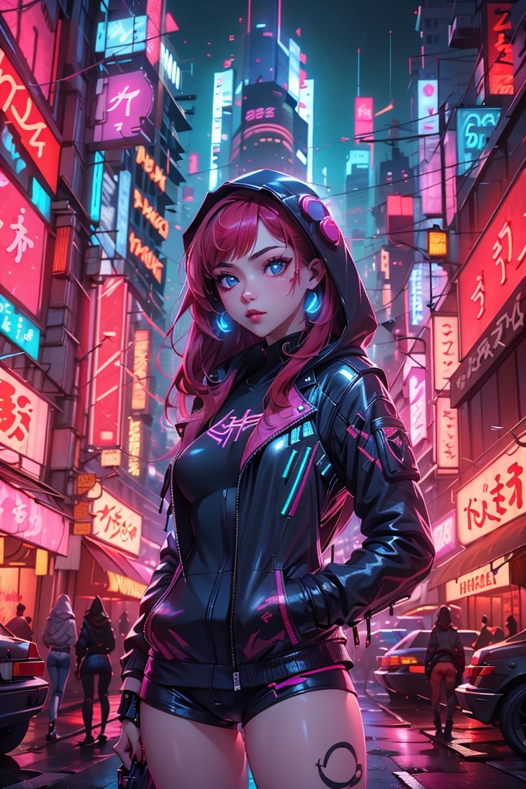 (Night city) photo, cyberpunk style, a girl wearing black hoodie and leather jacket, long hair, straight hair, standing, urban, neon, cowboy shot, (Cinematic lighting, ethereal light, intricate details, extremely detailed, incredible details, full colored), complex details, hyper maximalist, gorgeous light and shadow, detailed decoration, detailed lines. masterpiece, best quality, HDR, UHD, unreal engine. looking at the camera, fair skin, beautiful face,Cyberpunk,neon background