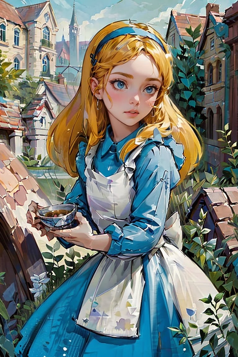 (1 girl:1.2), blue dress, white apron, black hairband, garden tea party, pastel colors, light particles, lighting, (highly detailed:1.2),(detailed face:1.2), (gradients), (detailed landscape, vegetation, bricks, carpet, buildings:1.2), (detailed background), detailed landscape, (dynamic pose:1.2), (rule of third_composition:1.3), (Line of action:1.2), daylight,AliceWonderlandWaifu