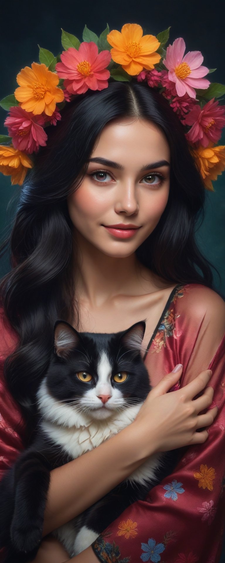 (masterpiece, best quality, ultra-detailed, 8K),high detail, realisitc detailed,
a beautiful young woman with long flowy black hair over shoulders in the dark, glowing colorful outfits, cuddling a cat, wreath, brown eyes, pale soft skin, kind smile, glossy lips, details of colorful flowers,
a serene and contemplative mood,well lit  background consists of glowing clover leaves,colorful