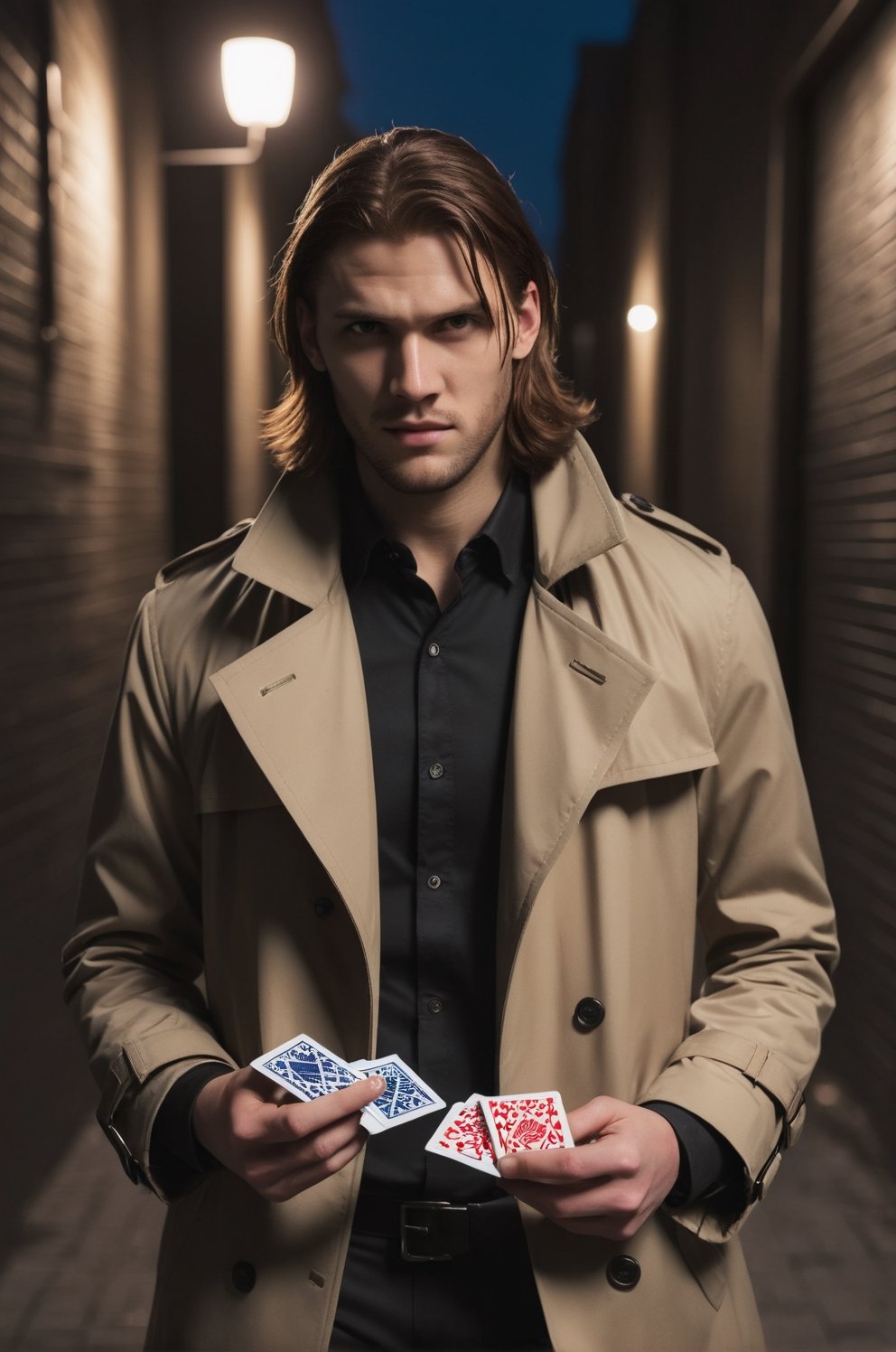 photo of handsome french man, 25 years old, (((Gambit from X-men reimagined as an Assassin))), (((John Wick movie style))), (standing holding playing cards in a very dark alley at night), epiC35mm, film grain, (freckles:0.0), upper body shot, (plain background:1.6), athletic body, ((())), pale skin, (((brown trench coat))), brunette wavy hair, ((())), (((sarcastic smile))), detailed black eyes, (((dark ambiance)))