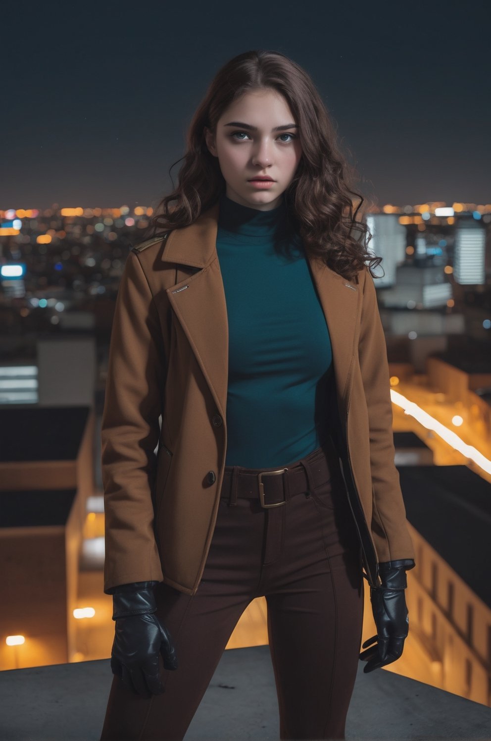 photo of beautiful Caucasian American college girl, 21 years old, (((Rogue from X-men reimagined as an Assassin))), (((John Wick movie style))), (standing on top of a building rough at night), epiC35mm, film grain, (freckles:0.0), upper body shot, (plain background:1.6), athletic body, hourglass body, (((big breasts))), pale skin, (((brown short jacket, gloves))), long (((curly))) voluminous brunette hair with white ombre, serious face, cute face,