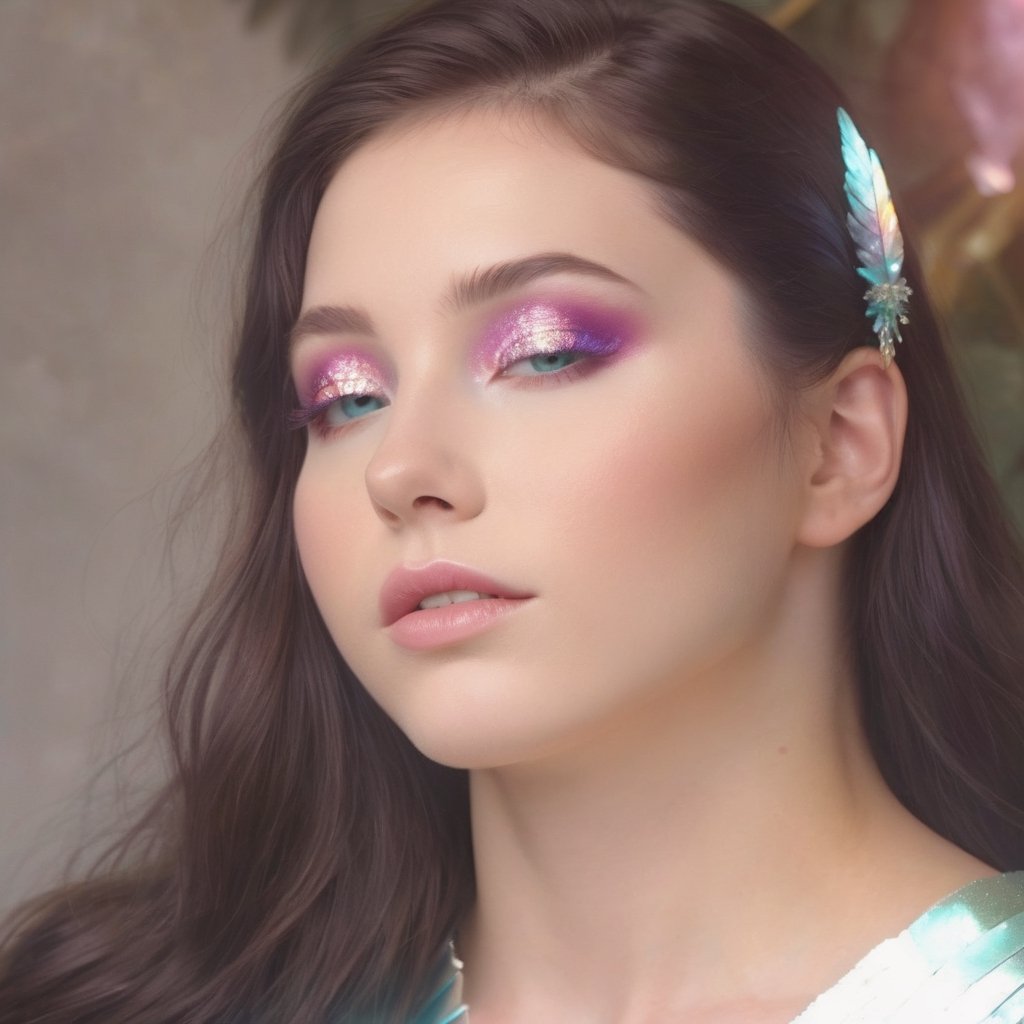 a brunette woman surrounded by crystals, high fashion magazine cover, glossy flecks of iridescence, of a youthful girl, pastel teal background, promotional render, delicate feather wings extending gracefully, immersed in an alien landscape, colorful smoke and streams of magic light forming a celestial ballet, exotic gigantic crystals adding to the dreamlike atmosphere, (((TimTadder style))), surreal beauty photography, Avant garde fashion, ethereal beauty, beauty light,more detail XL,glitter,Glass ,crystalz