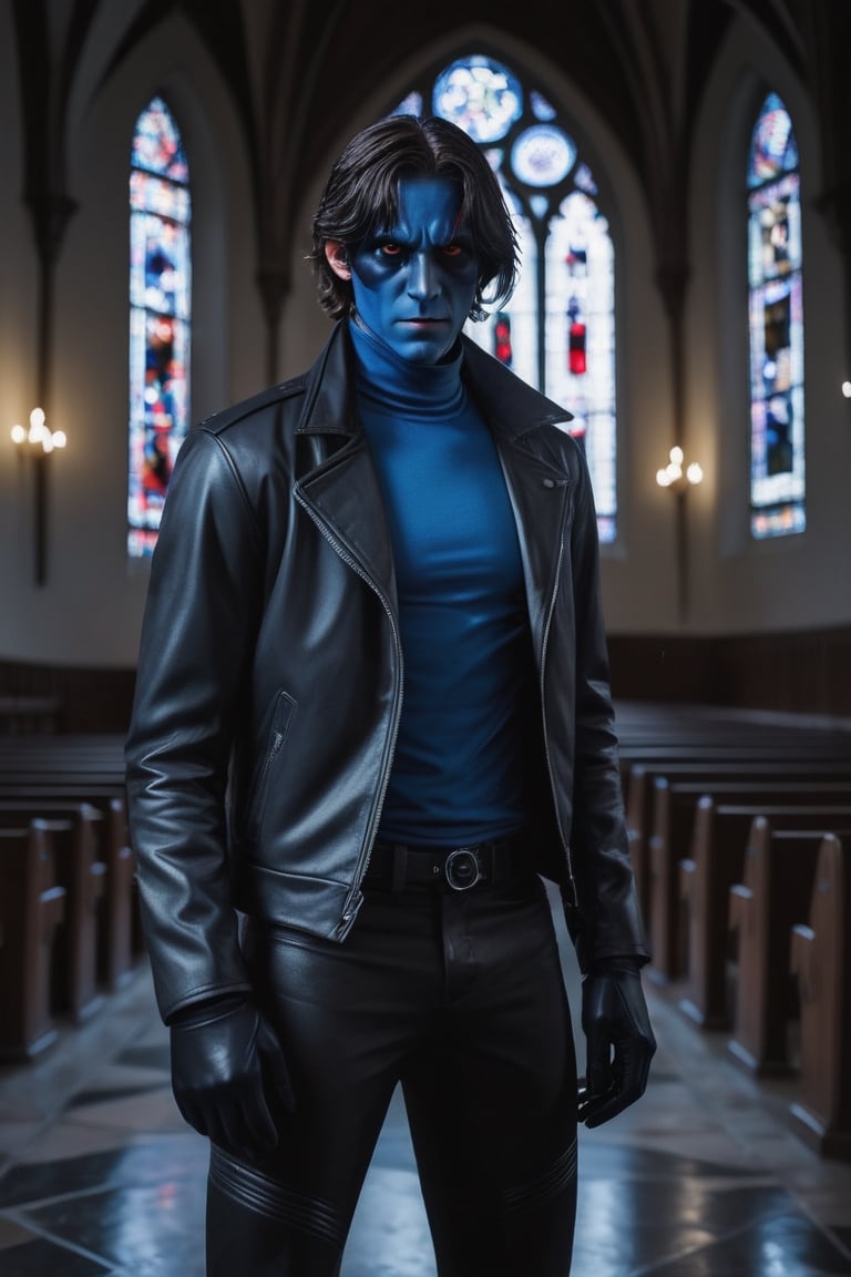 photo of handsome German man, 18 years old, (((Nightcrawler from X-men reimagined as an Assassin))), (((John Wick movie style))), (standing in a dark gothic church at night), epiC35mm, film grain, (freckles:0.0), full body shot, (plain background:1.6), slim body, ((())), blue mask, (((leather jacket))), blue shoulder length straight hair, ((())), (((serious face))),